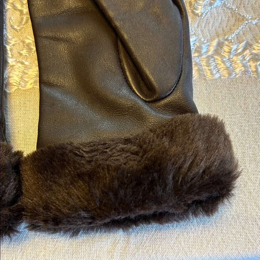 Fownes Women's Elegant Dark Brown Leather Gloves with Plush Fur Cuff; Size XL
